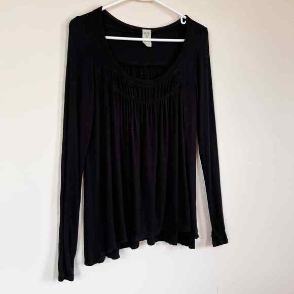 Free People Gathered Ruched Long Sleeve Scoop Neck Tunic Casual Top Black XS - Picture 3 of 7